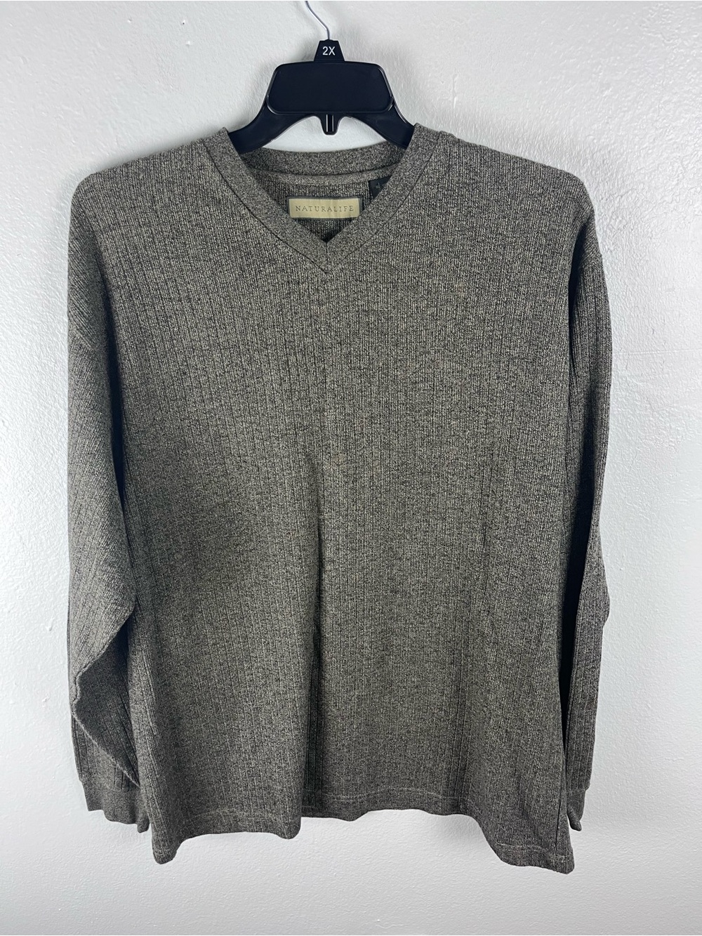 NATURAL LIFE 100% Cotton Brown Long Sleeves V-Neck Ribbed Top Size XL Casual